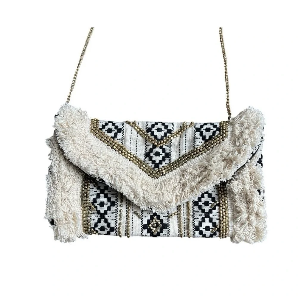 Antik Kraft Beaded Fringe Boho Clutch Crossbody Bag Tribal Woven Festival - Picture 7 of 9